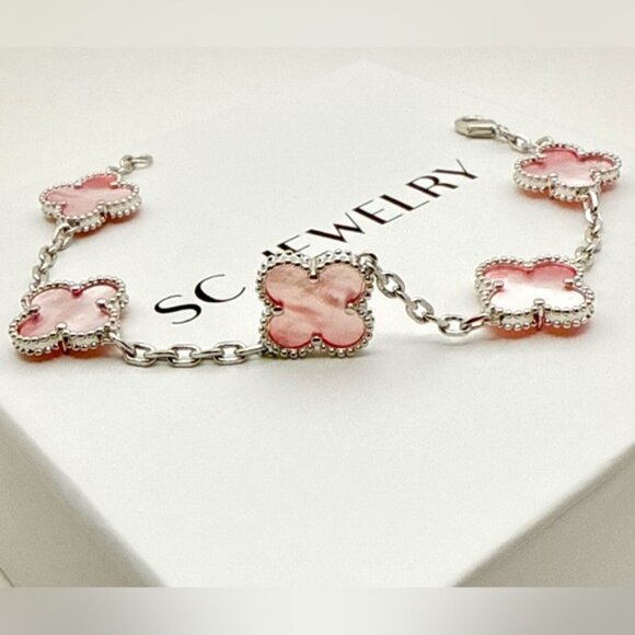 Clover Bracelet Pink Mother of Pearl Silver Double Sided - Picture 2 of 10